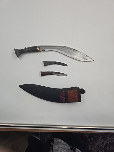Antique Nepalese Gurkha Kukri Knife, Decorated Hand Sewn Sheath, Mini Daggers