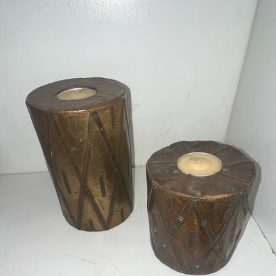 Handmade Rustic Metal Cylinder Candle Holder Set of 2 Bronze Decorative