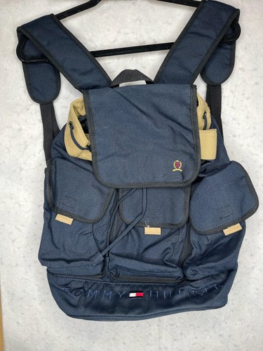 Vintage Tommy Hilfiger Backpack Navy Blue Canvas Tan Logo Pockets Travel Bag