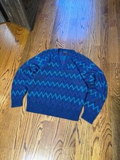 Vintage Jantzen Sweater Mens M Navy Teal Zigzag Chevron V-Neck Made in USA 80s