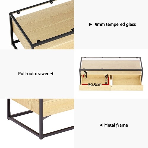 Artiss Coffee Table Square Glass Tabletop End Table 2 Drawers Storage Shelf Pine - Picture 7 of 8