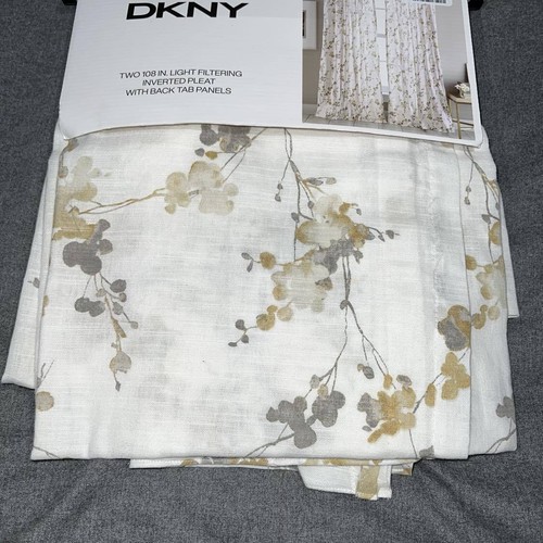 DKNY 32 x 108 COTTON Wallflower Inverted Pleat Window Curtains Gray Gold White - Picture 5 of 8