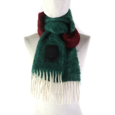 LOEWE Mohair Wool Blend Scarf Anagram Logo Patch Fringe Multicolor Used
