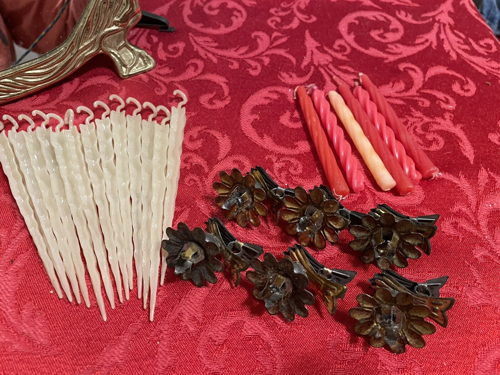 6 Vtg Christmas Clip W/ Candle Holders For Tree & 13 Vtg Icicle Tree Decorations