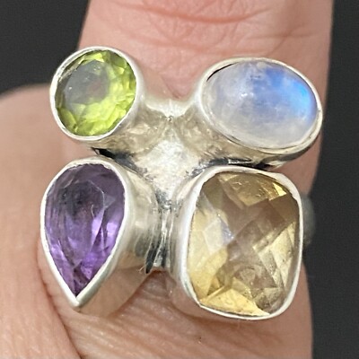 ARYA Sterling 925 Multicolored Gemstones Amethyst Peridot Opal Citrine Ring 