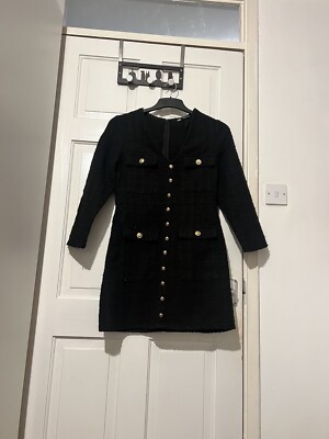 Zara Black Tweed Dress With Gold Buttons Size m | eBay UK