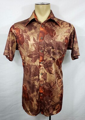 Vtg 70s Mens Disco Shirt brown floral wasps s/s button-up Large Tall