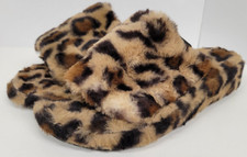 Women's Faux Fur Leopard Print Slippers w/Elastic Ankle Strap Size 7
