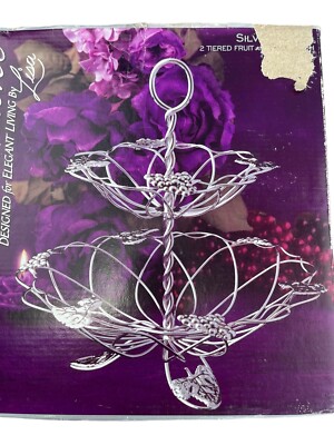Davco Silver Black Plated 2 Tiered Fruit And Candy Dish Bread Basket Holder