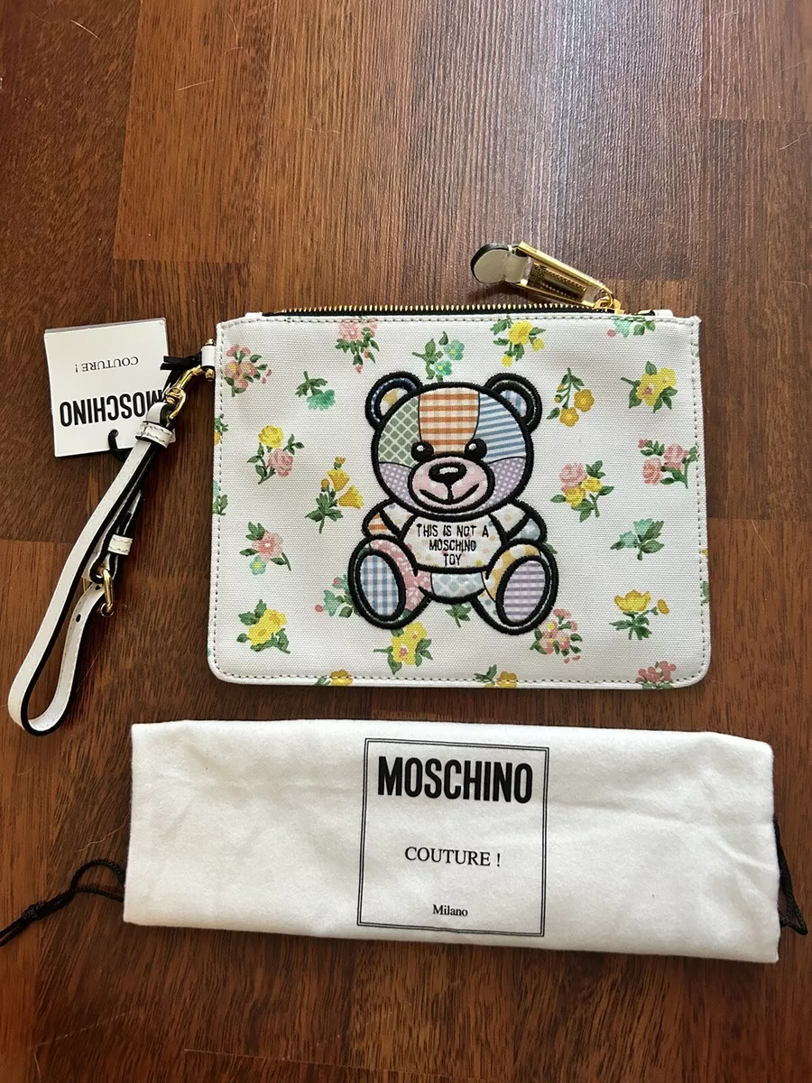 NWT Moschino Teddy Bear Embroidery Canvas Leather Wristlet Pouch 