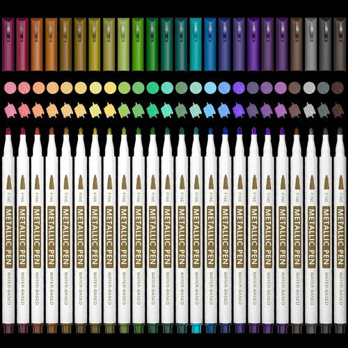 24 Colors Metallic Marker Pens, Fine Tip Paint Pens for DIY Photo Album, Black P