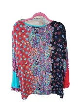 VTG 90s Carole Little Rayon Multicolor Tunic Top Sz 8 Wearable Art L/S Boho USA