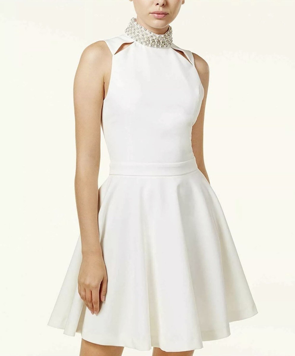 formal white skater dress Women's Premium White Satin Hip Pleated Skater Dress