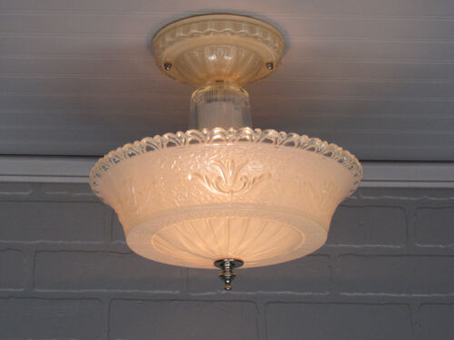 Vintage Art Deco Glass Ceiling Light Peachy Pink Rewired UL Semi Flush Mount 11" - Picture 2 of 12
