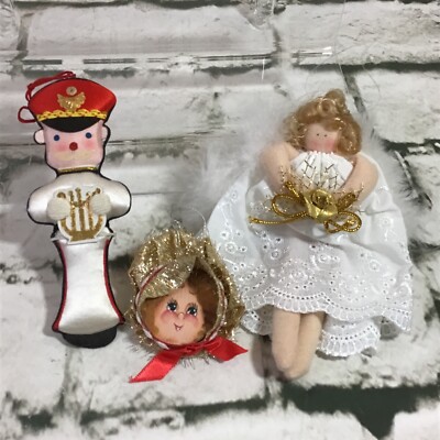 Vintage Christmas Tree Ornament Lot Plush Nutcracker Angel Doll Face