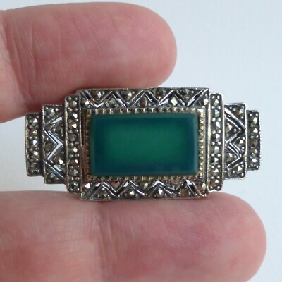Broche Art Déco Argent Sterling & Marcassite - Années 1920/30 - Agate/Chrysoprase - 40 Mm