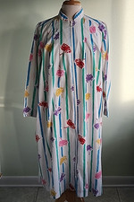 Vtg 80s Long Slv Cotton/Poly Robe Bright Floral Turquoise Green Stripes Sz L/XL