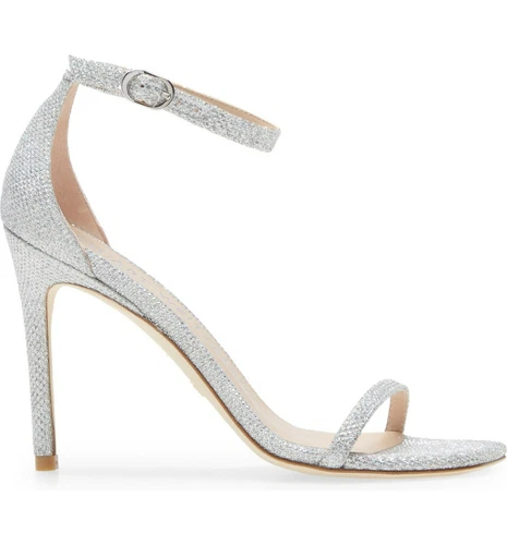 $500 STUART WEITZMAN Nudistcurve Ankle Strap Sandal SILVER CRYSTAL 7.5/8  (D15)