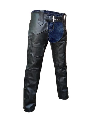 Men’s Real Leather Motorcycle Chaps – Biker Pants With Side Zips, Adjustable Waist