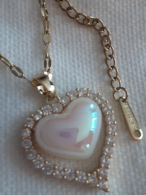Guess Gold Tone Heart Charm Pendant Necklace with White Crystal Chain