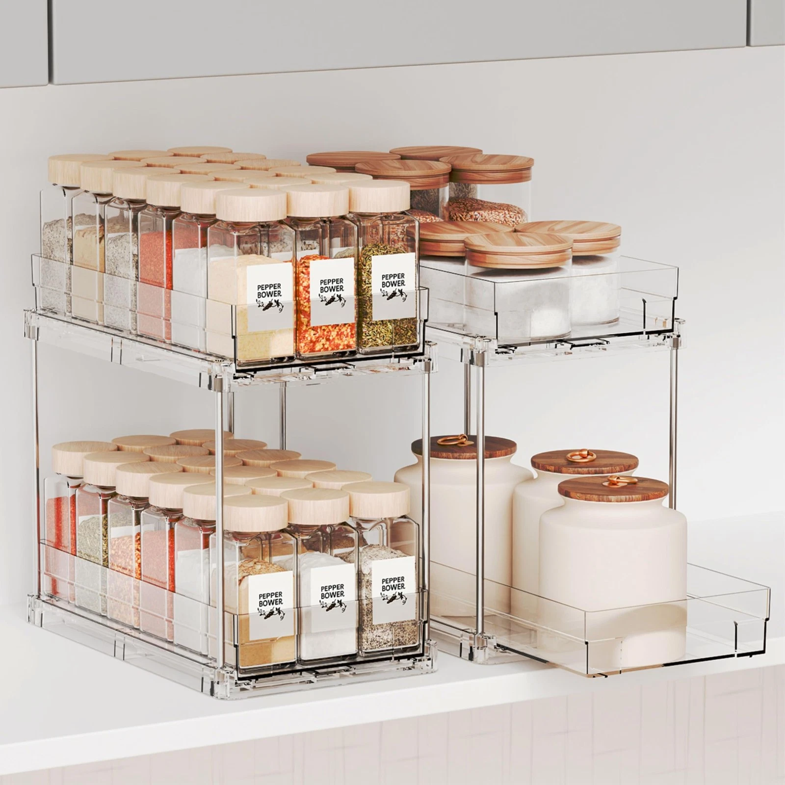 2 Pack 2 Tier Vertical Spice Rack Pull Out,10.4'' Deep Narrow Slide Out Spice...