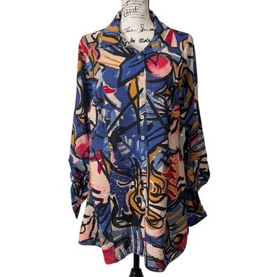 John Mark Womens Size L Tunic Button-Up Abstract Print Blouse Roll-Tab Sleeves 