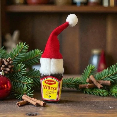 Mini Maggi Flasche aus Glas mit Magnet Miniatur Befüllbar + Nikolausmütze