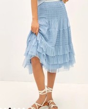 84 Maeve Tulle Ruffed Midi Skirt Light Blue  White by Anthropologie XS