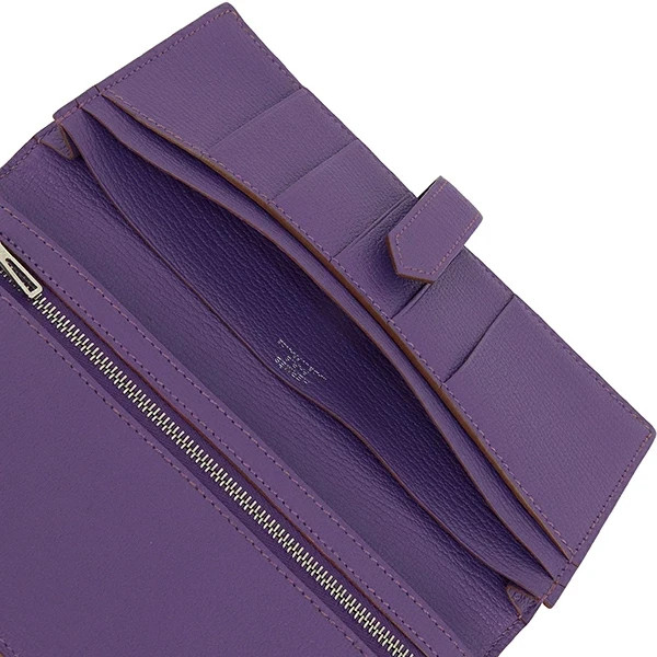 HERMES Bearn Soufflet Chevre Leather Long Wallet Parme Purple