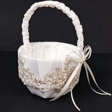 Flower Girl White Small Basket Pearls and Rhinestones Wedding Embellished UNIQUE