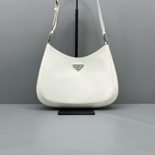 Prada Cleo Hobo White Calfskin Leather Shoulder Bag Silver Triangle Logo HW