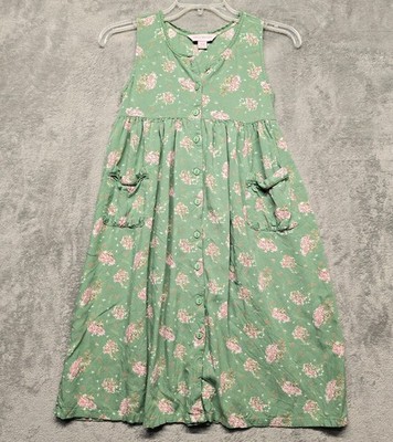 April Cornell Dress Girls Size 9/10 Green Floral Button Front Pockets Midi