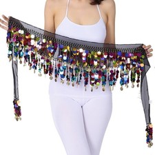 Belly Dance Color Sequin Film Gong Hip Scarf Skirt With Gold One Size, Black