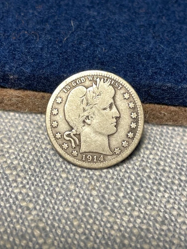 (#101958) Barber Quarter: 1914 D.  VG details.