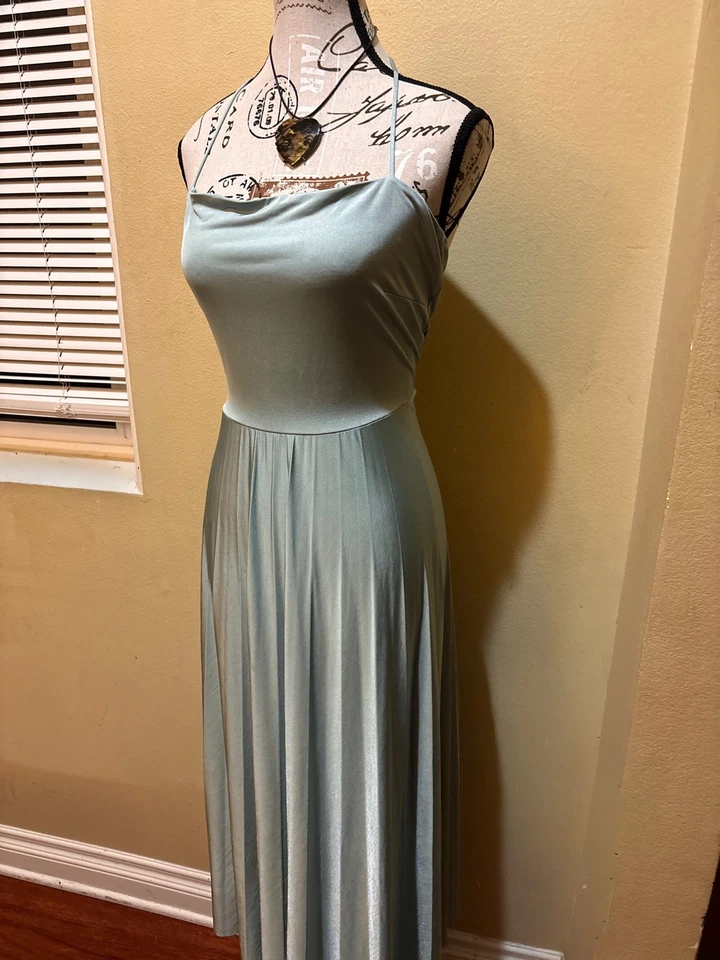 H&M Size L-XL Silk Maxi Dress Blue Sleeveless Formal Party Cocktail Gown - Image 4 of 4