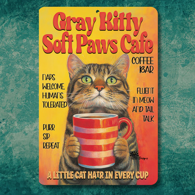 Gray Cat Coffee Bar Sign Soft Paws Cafe funny kitty metal tin home wall art
