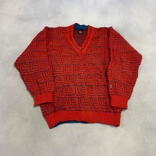 Vintage Knitted Jumper Abstract Patterned V-Neck Grandad Knit Sweater Men's L