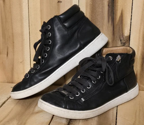 Scarpe UGG donna 9 5 M sneakers alte 1019663 nere in pelle con lacci e zip laterale