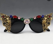 Oversized Cat Eye Sunglasses Decorative Multicolor Jewels Black Frame Black Lens