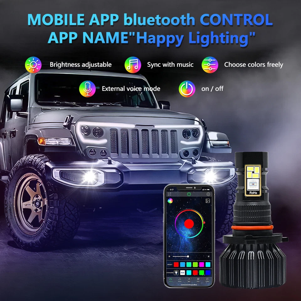 2Pcs 9006 HB4 LED Car Headlight Bulb RGB Auto Fog Light APP Control Waterproof - Изображение 3 из 4