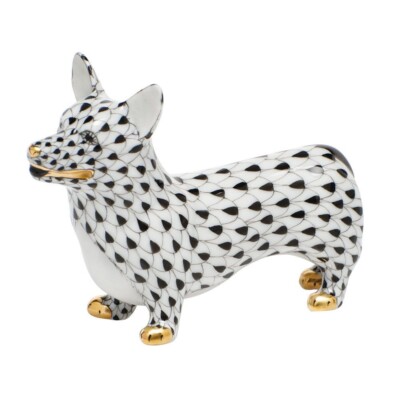 HEREND,  CORGI DOG,  BLACK FISHNET #VHNM-05390,  NEW,  MINT & BOX!