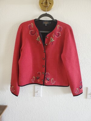 Icelandic Design Cardigan Sweater Jacket Red Wool Embroidered Unlined Sz Small