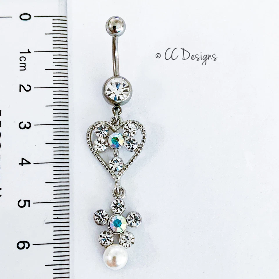 14g Brillo Cuelga Multi Circonita Corazón Flor con Gota Perla Anillo Vientre (B402) Foto 3 de 3