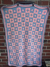 Large Crocheted Blanket Baby Blue and Pink Appx 4 Feet Long x 32 Inches Wide B1