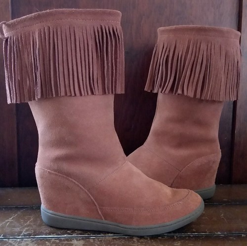 Leather Suede Fringed Moccasin Boots 