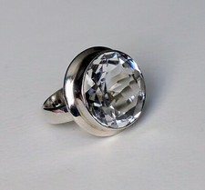 Sterling Silver 925 17MM Faceted Rock Crystal Clear White Quartz Cocktail Ring