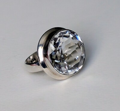 Sterling Silver 925 17MM Faceted Rock Crystal Clear White Quartz Cocktail Ring