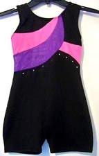 Freestyle Girls Black Pink  Purple Unitard Size 6-6X Missing 1 Rhinestone Stud