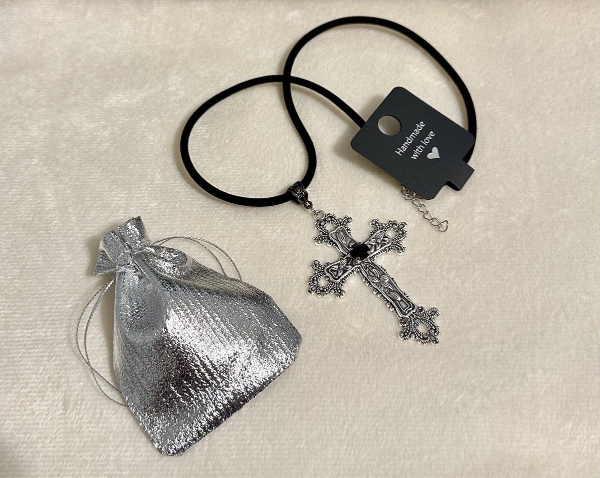 Silver Gothic Cross Necklace Floral Design Big Punk Silver Tone