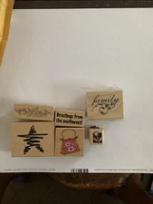 Set of seven wood mount rubber stamps variety of brands,styles 